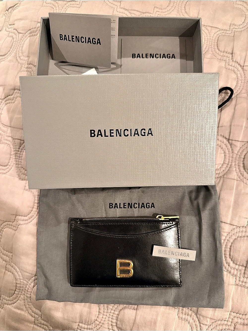 Balenciaga B Logo Black Leather Zip Coin Card Holder Gold Hardware Full Set